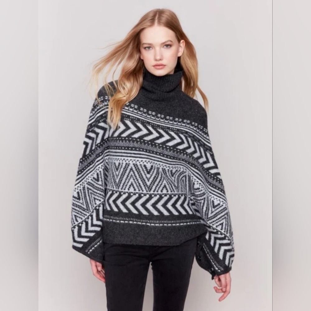 Charlie B Geometric‎ Jacquard Cowl-Neck Poncho.